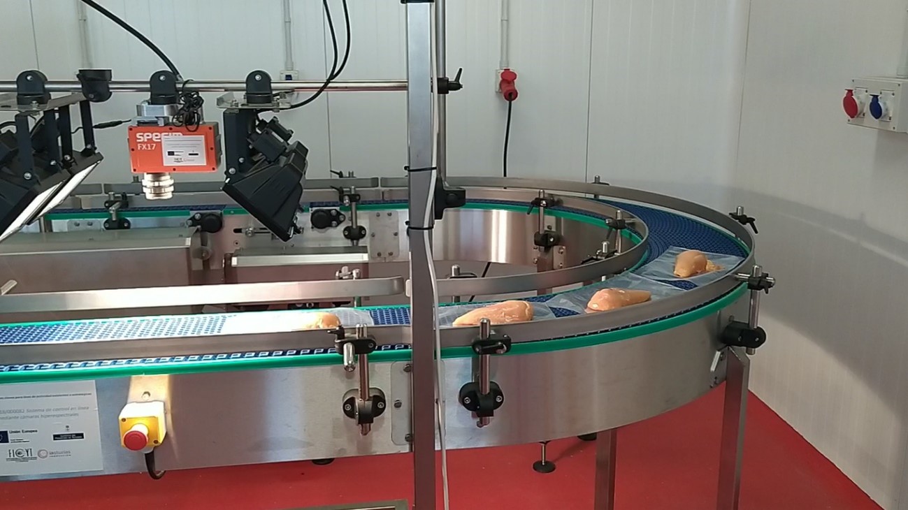 Machine were the food packing of chicken breast is realized. They are currently working through the machine.